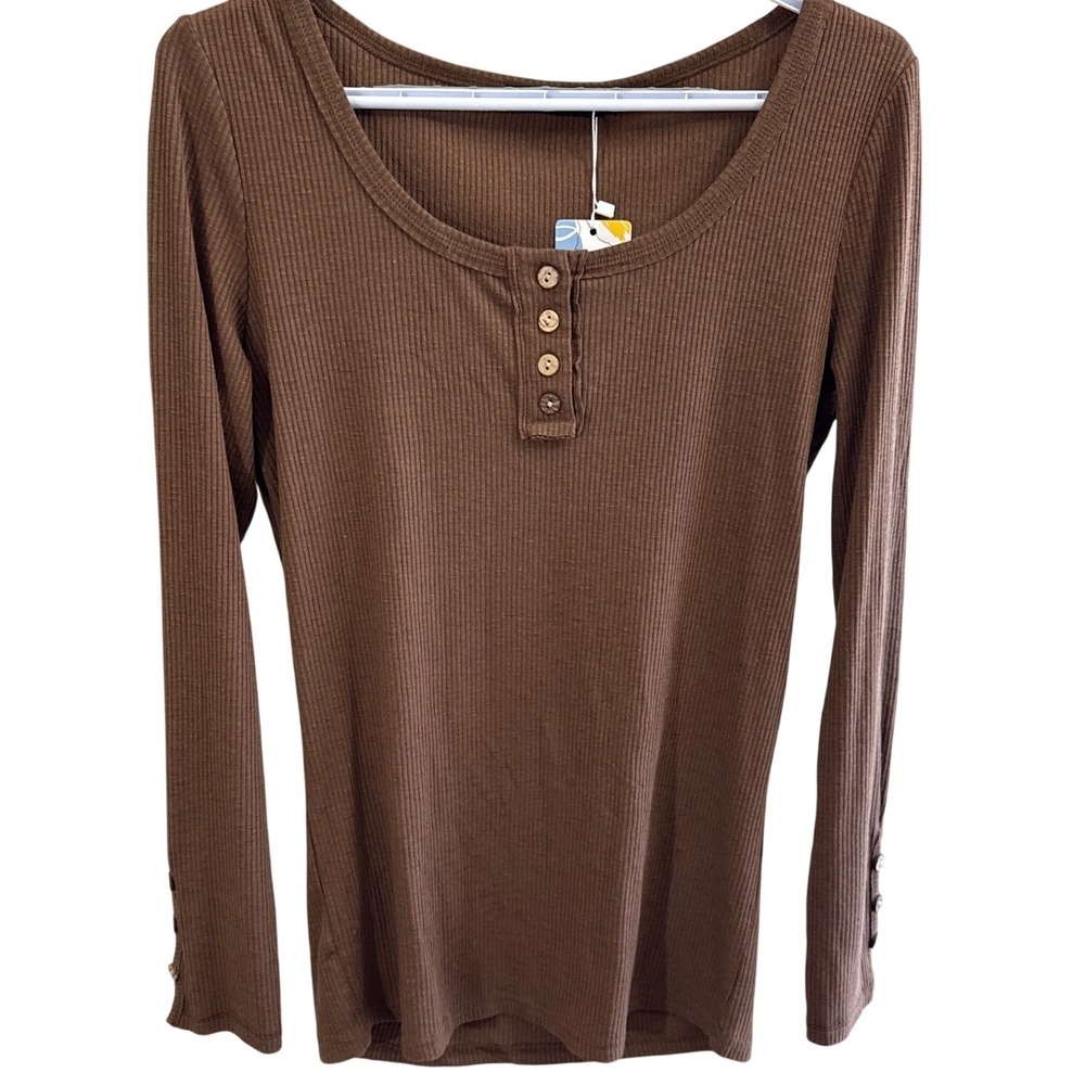 Sunbs Brown Ribbed Henley Long Sleeve Top Button Cuff EZsb235 Large NEW